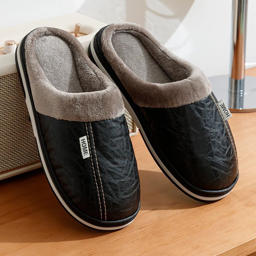 Pantuflas de interior de cuero PU, tallas grandes, impermeables, con pelo, planas