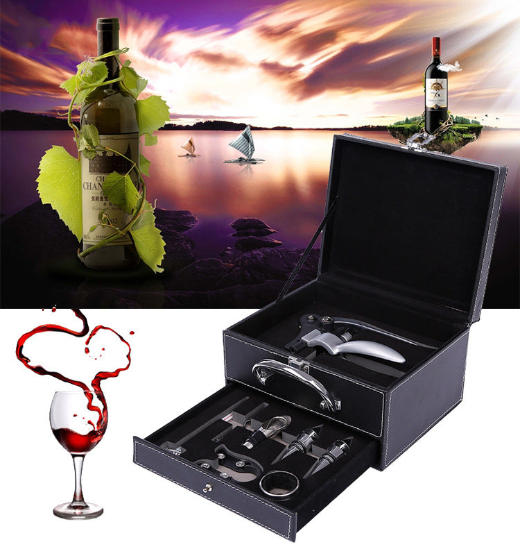 Drawer Type Leather Box Wine Set Wooden Box Packaging Rabbit-shaped Corkscrew Set