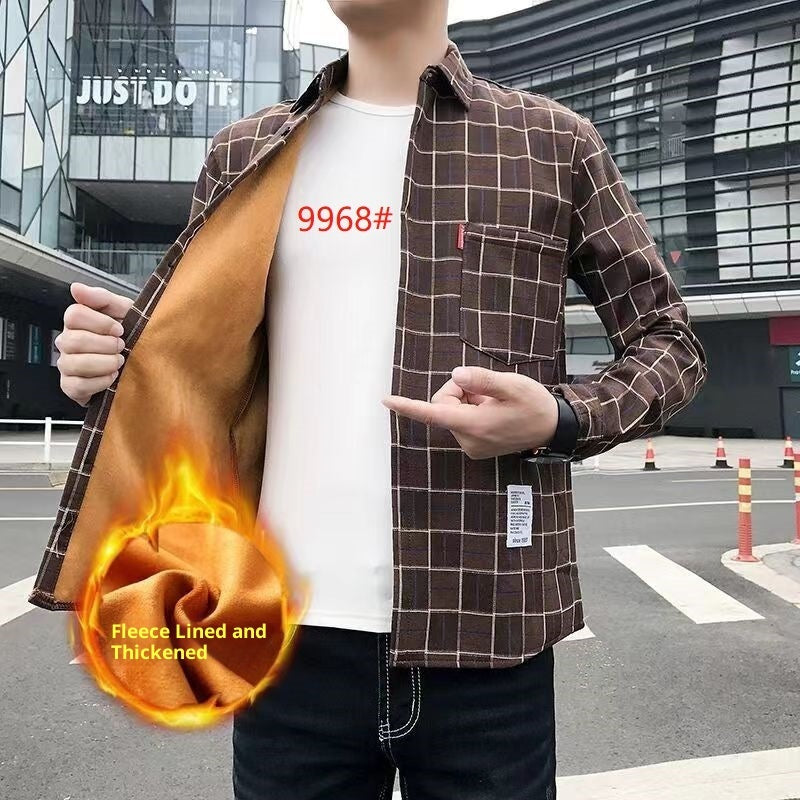 Camisa de manga larga para hombre de cuadros, engrosada y forrada de fleece para invierno