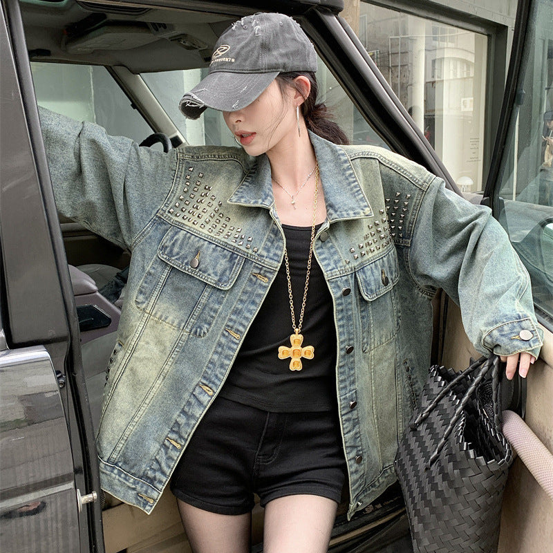 American Vintage Heavy-duty Rivet Denim Jacket For Women, Spring And Autumn