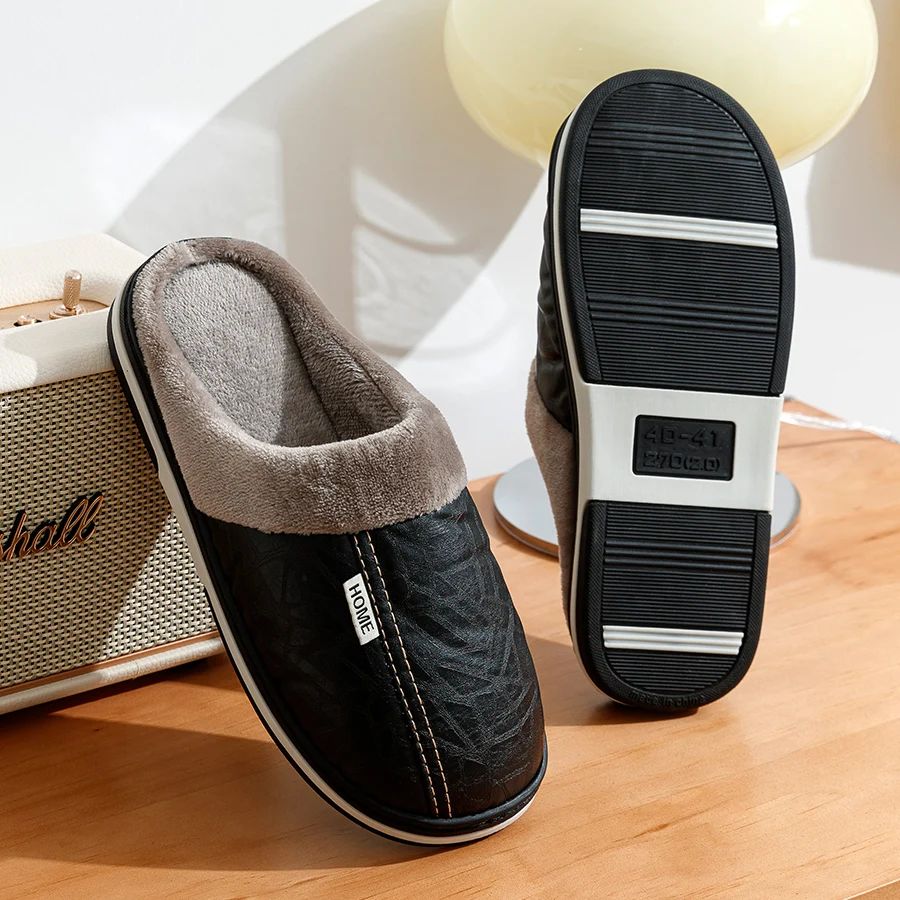 Pantuflas de interior de cuero PU, tallas grandes, impermeables, con pelo, planas