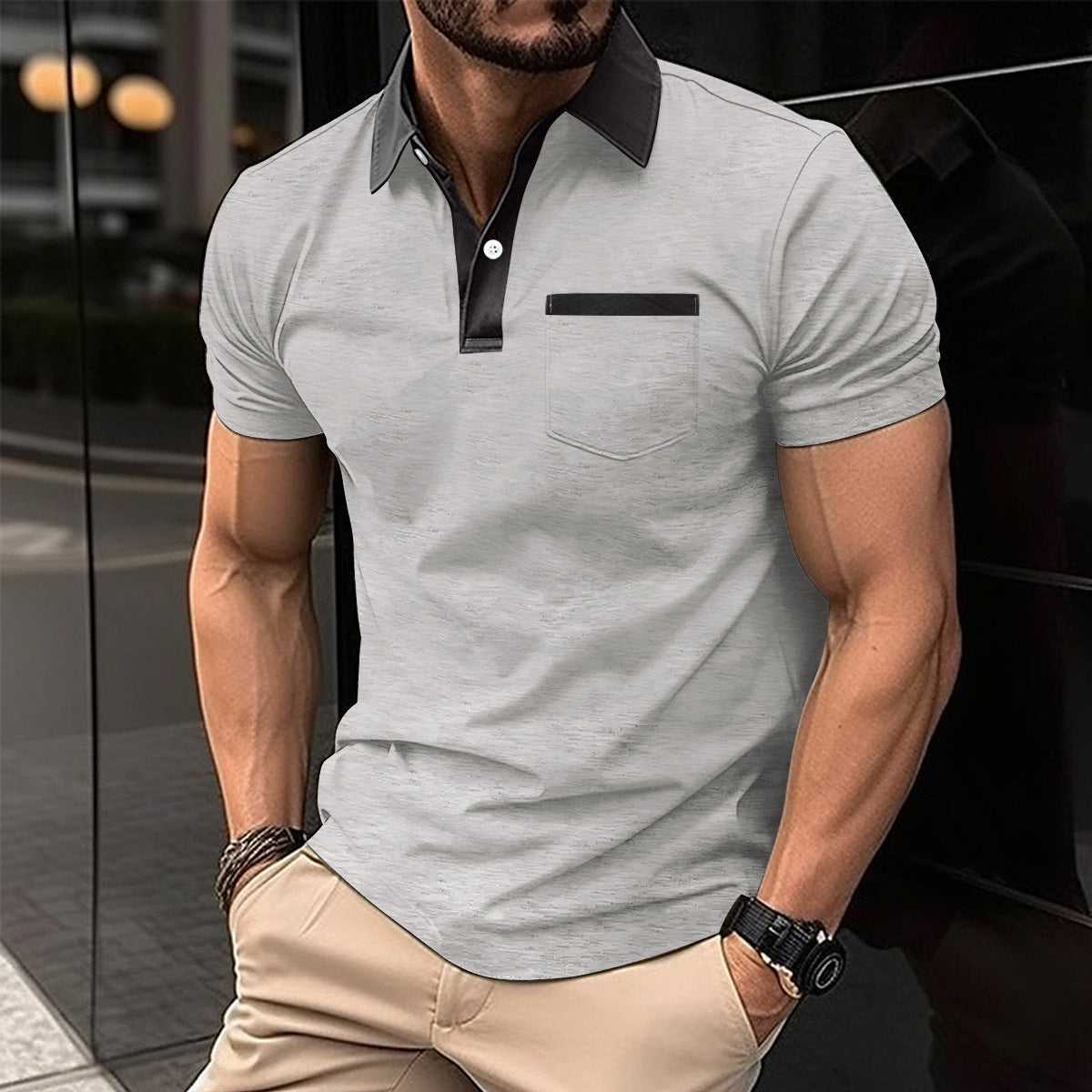 Camiseta polo de manga corta para hombre, ajuste slim, con bolsillo y cuello solapa