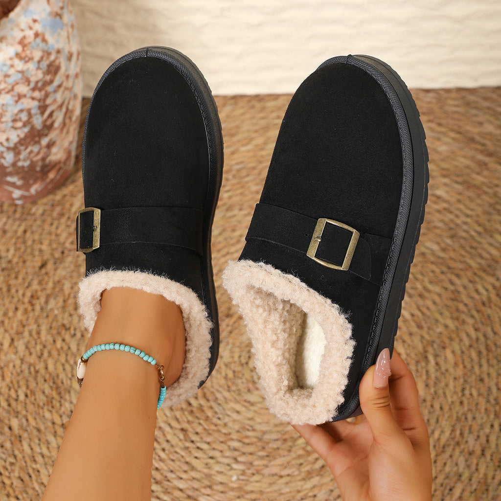 Fivela de Cinto com Sola Grossa Chinelo Feminino de Algodão forrado com Lã, Bico Fechado