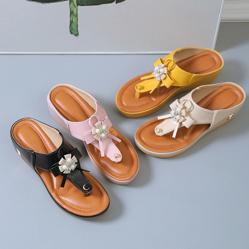 Sandalias tipo chancla con cuña y flor para mujer, talla grande, de playa
