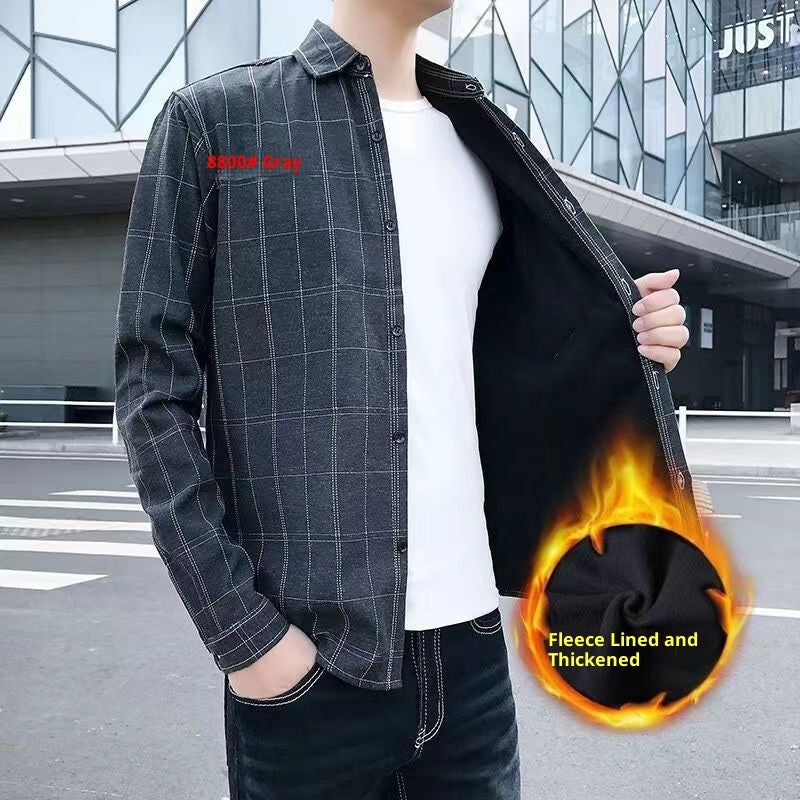 Camisa de manga larga para hombre de cuadros, engrosada y forrada de fleece para invierno