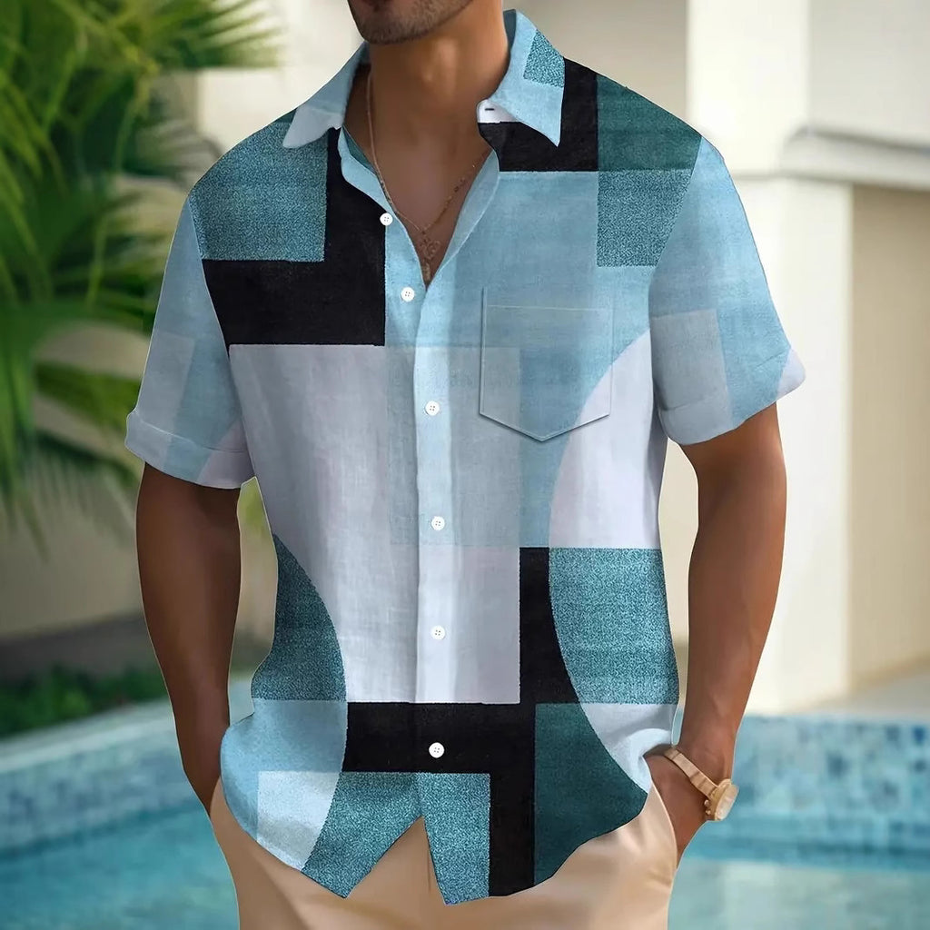 Camisa clásica retro geométrica de contraste de color con estampado 3D cuadrado