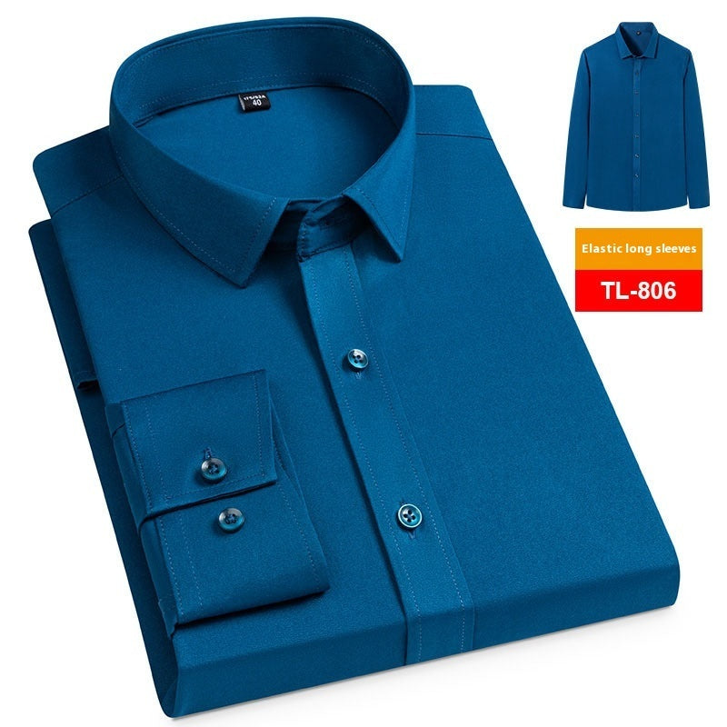 Camisa elástica informal de negocios para hombre, manga larga, lisa, sin bolsillo, de primavera