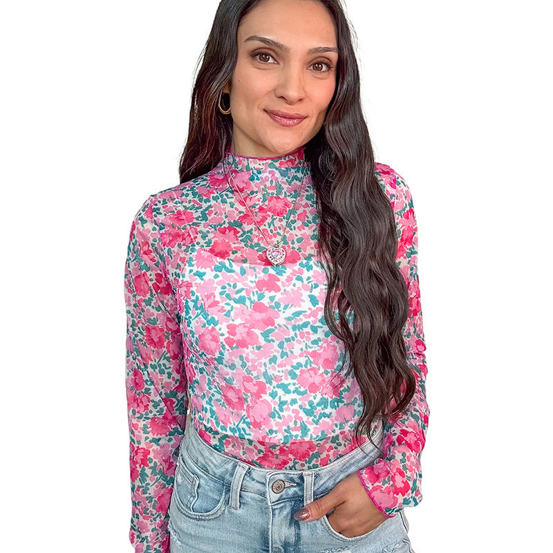 Top para mujer de cuello redondo, elegante y versátil, con estampado floral