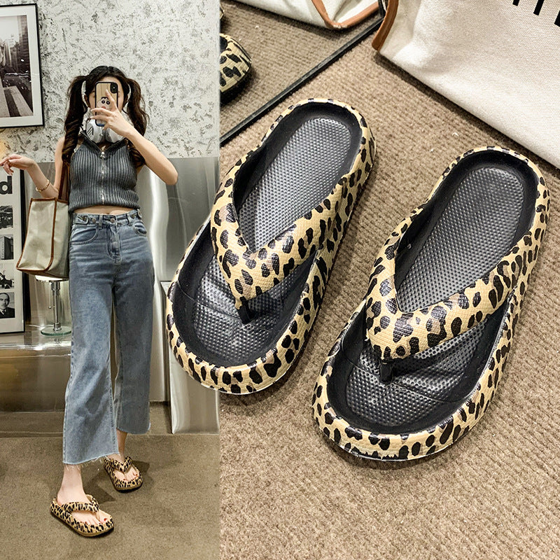 German
Damen-Slipper mit Fischgrätenmuster, Sommer, Zehenclip, dicke Sohle, Leopardenmuster
