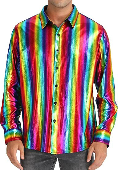 Camisa abotonada casual de color liso con lentejuelas para hombre