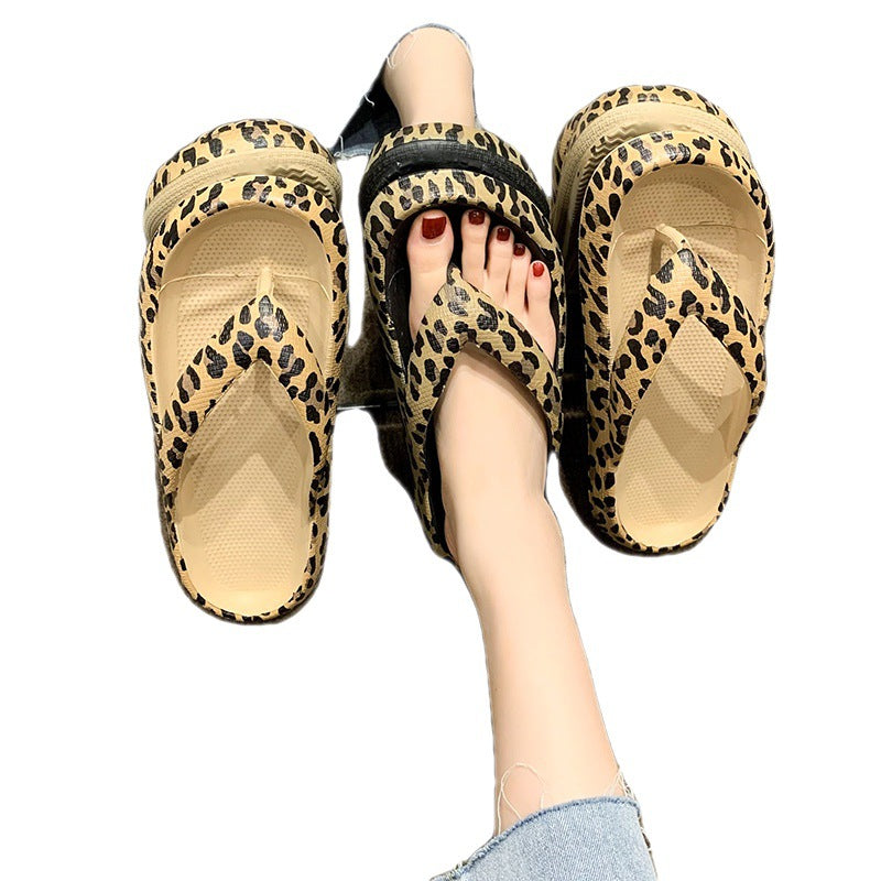German
Damen-Slipper mit Fischgrätenmuster, Sommer, Zehenclip, dicke Sohle, Leopardenmuster