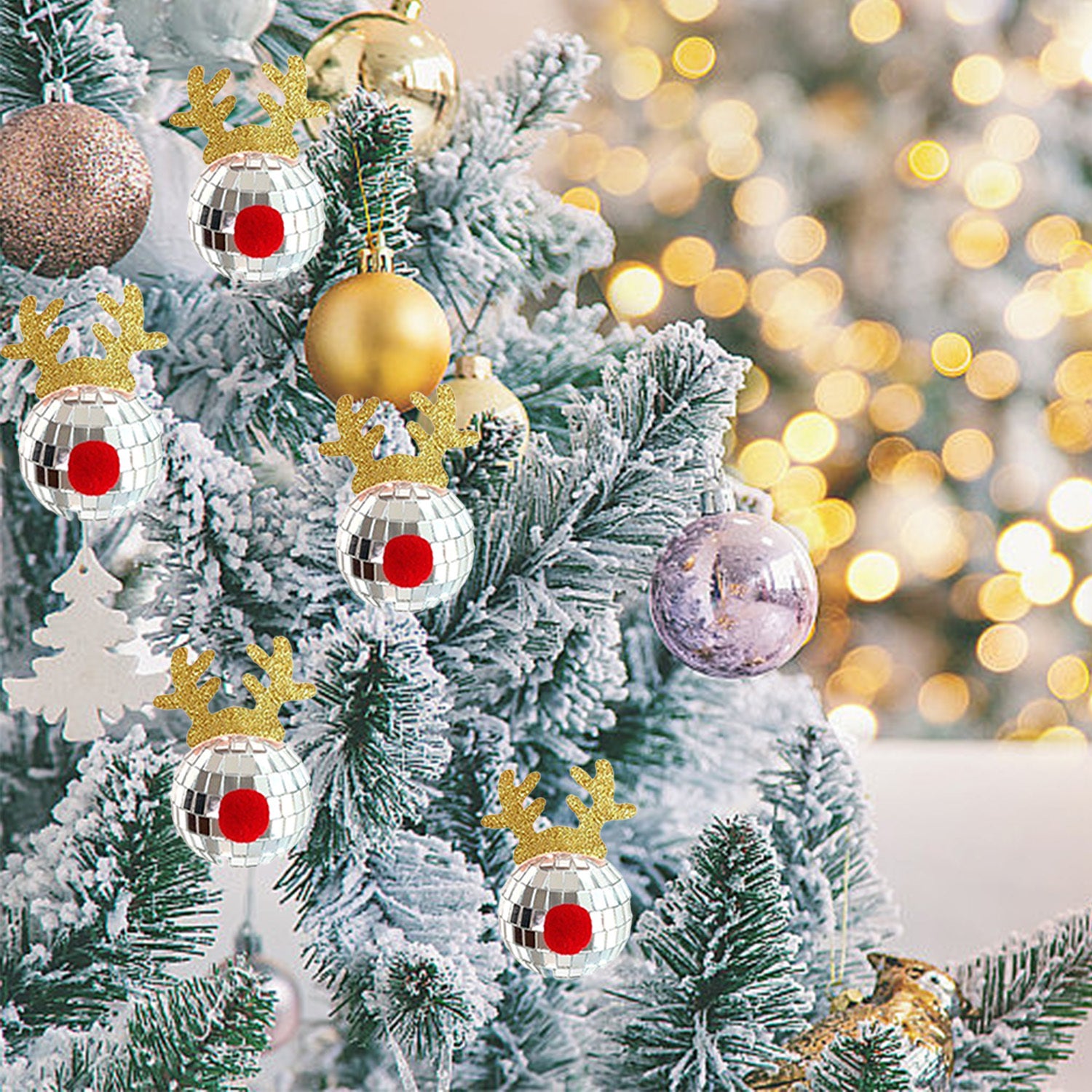 Un set de cinco bolas de Navidad brillantes con diseño de bola de espejo