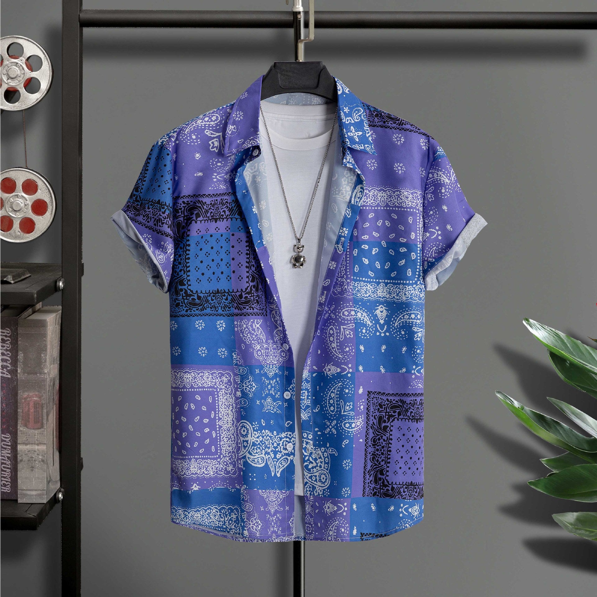 Camisa casual de manga corta con estampado digital para hombre