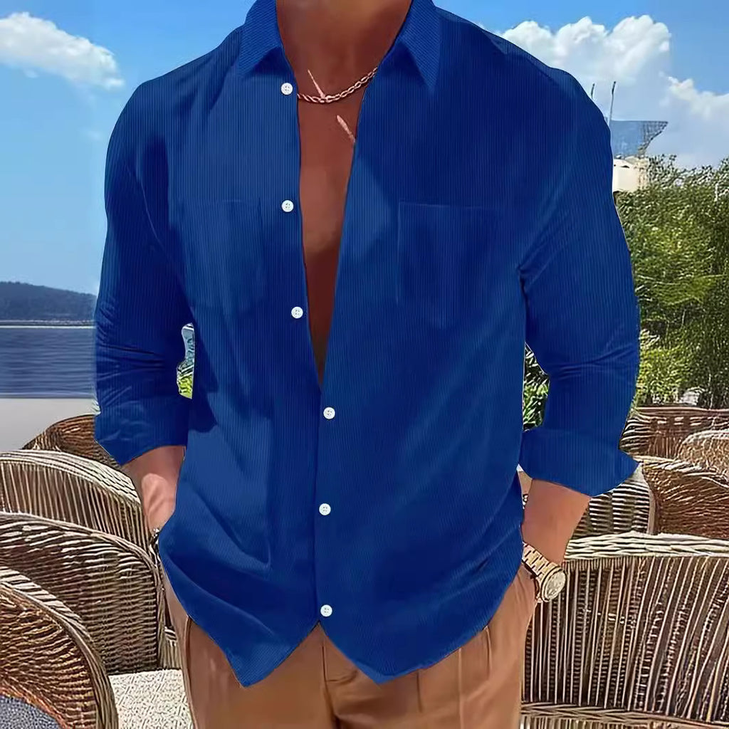 Vertical Striped Long-Sleeve Solid-Color Casual Shirt