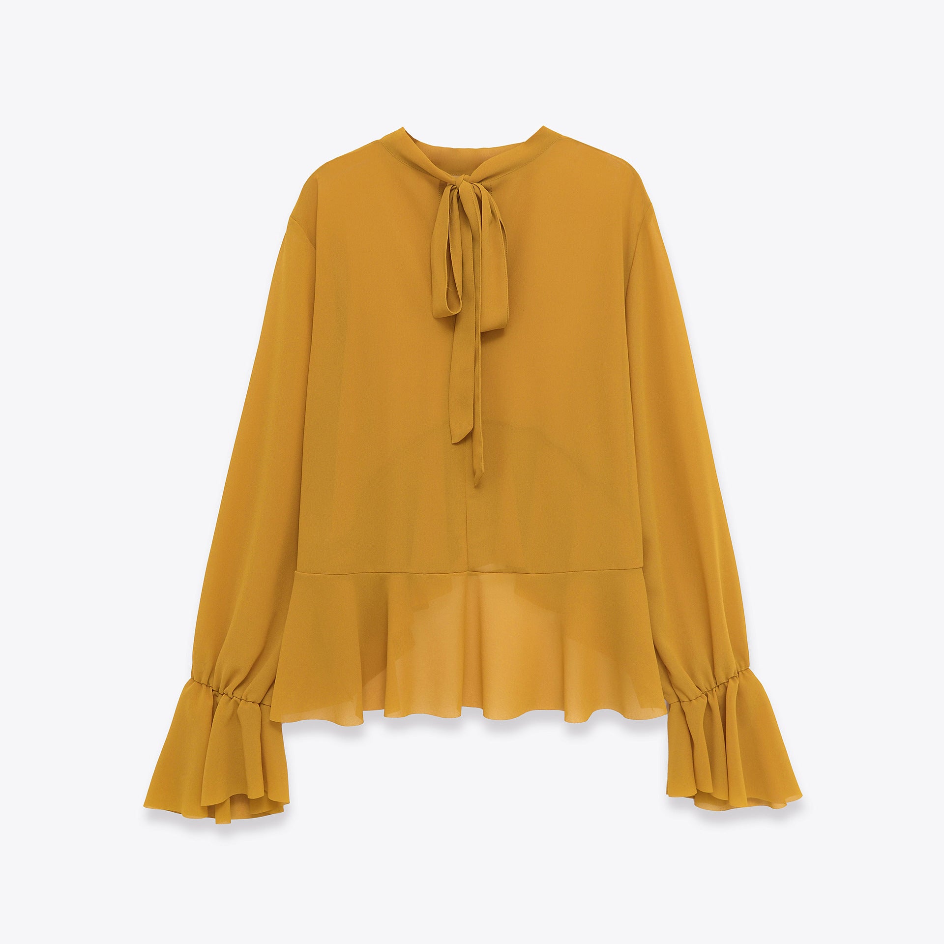 Elegante blusa de gasa con dobladillo fluido con volantes