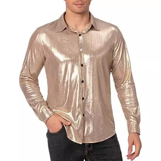 Camisa abotonada casual de color liso con lentejuelas para hombre