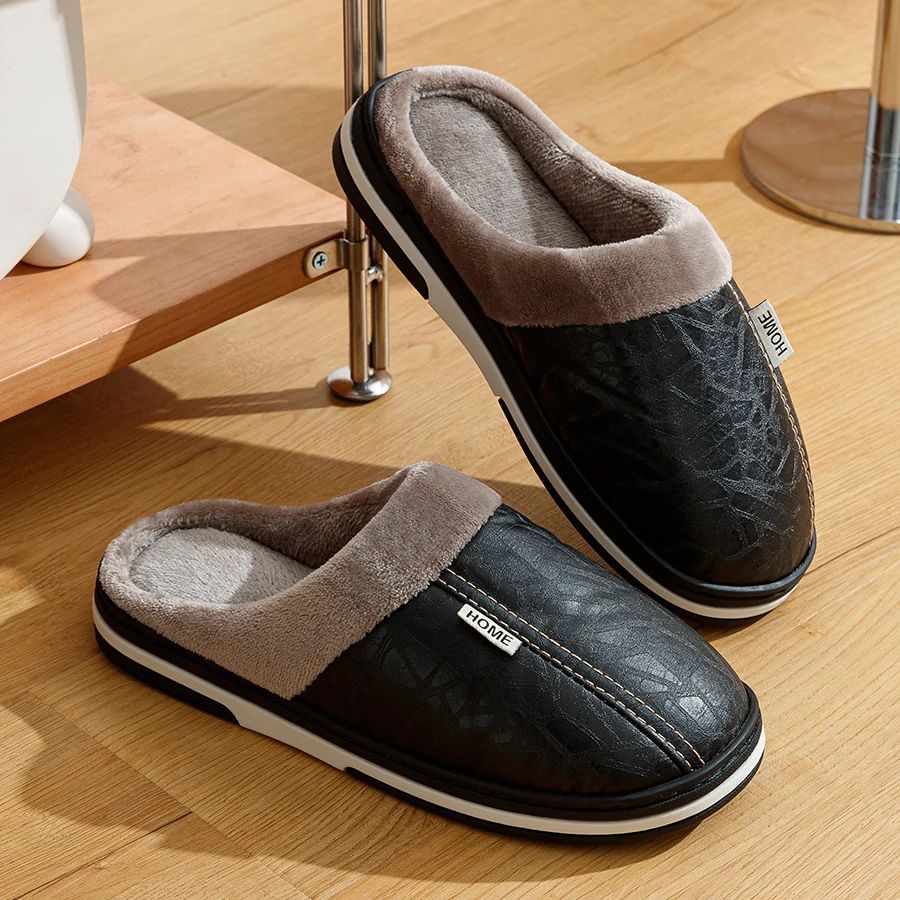 Pantuflas de interior de cuero PU, tallas grandes, impermeables, con pelo, planas