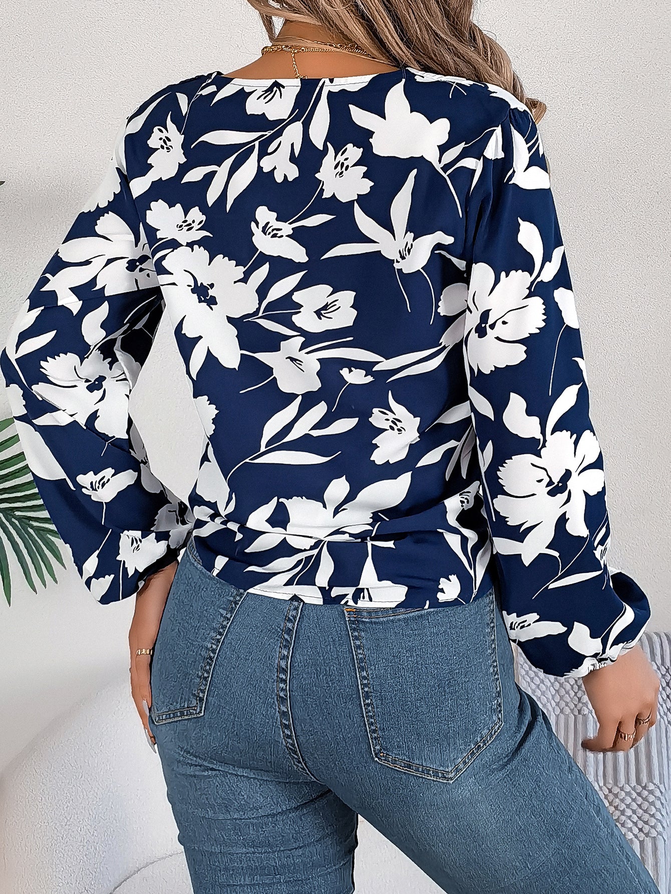 Top de gasa para mujer con estampado floral, mangas farol, bloques de color y cintura ajustable con lazo