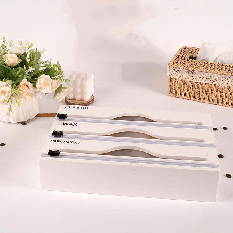 Organisateur 3 en 1 en bambou pour films avec coupeur et étiquettes, distributeur de film plastique, papier aluminium et papier ciré pour cuisine