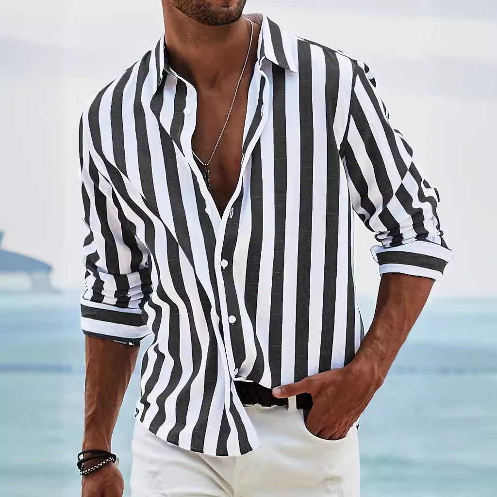 Chemise décontractée ample à manches longues rayée teinte en fil pour homme