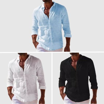 Camisa informal de algodón y lino de color liso para hombre