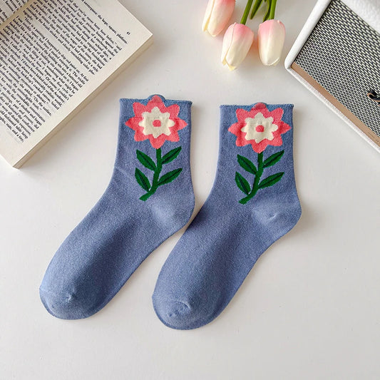 1 Pair Women Socks Japanese Korean Style Cartoon Flower Candy Color Harajuku Kawaii Mid Tube Socks Breathable Casual Short Socks 