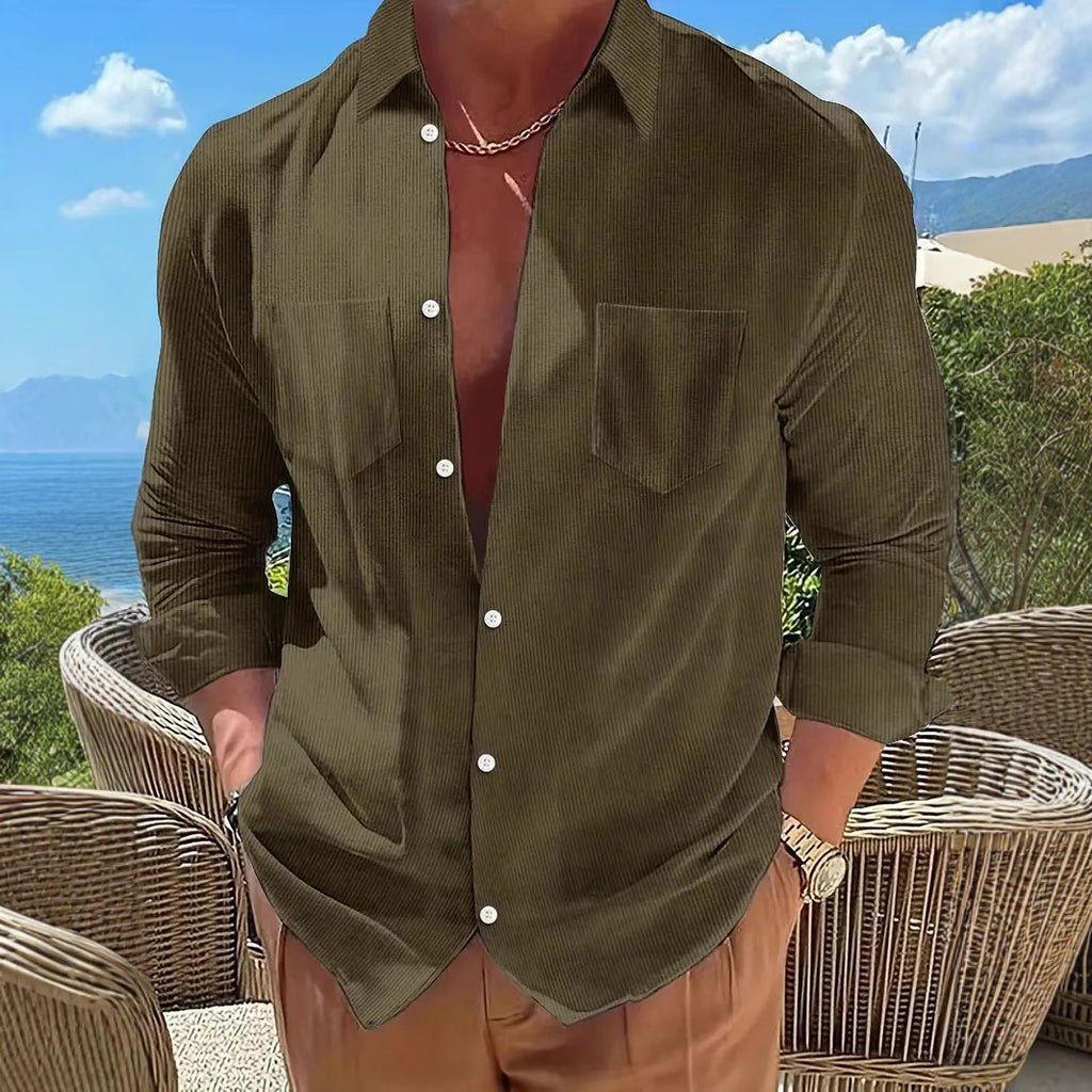 Vertical Striped Long-Sleeve Solid-Color Casual Shirt