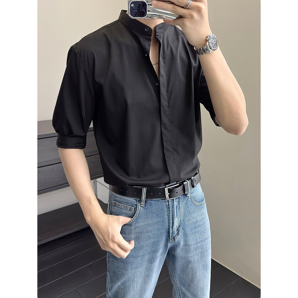 Camisa china de hombre de verano, cuello mao, media manga