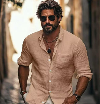 Herrenhemd mit Reverskragen, atmungsaktiv, lässig, langärmelig, chinesische Tasche