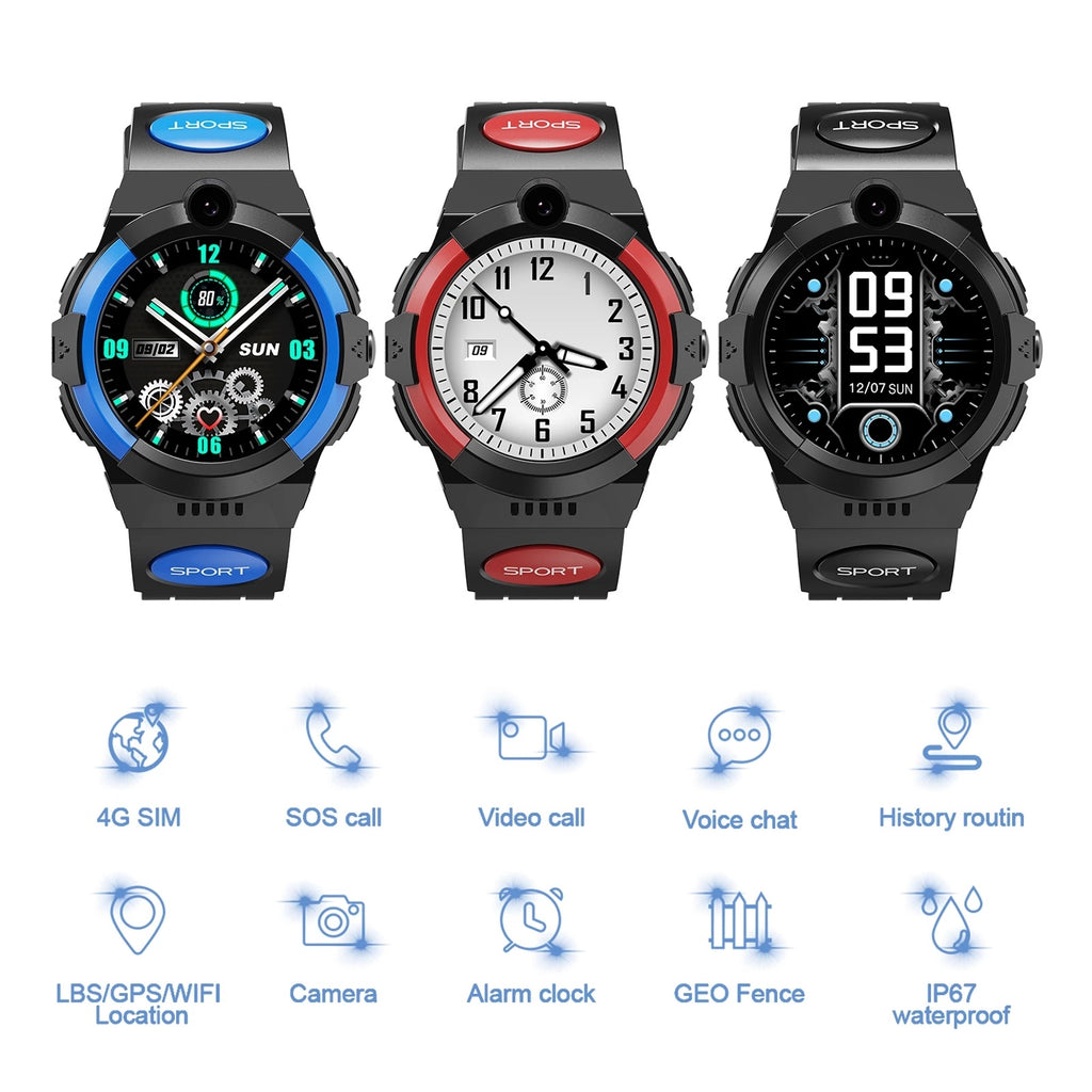 4G-kompatibel smartklocka för barn med videosamtal, positionering och flertalet kommunikations- och säkerhetsfunktioner.