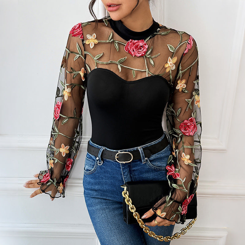 Pitsipalikkainen Läpikuultava Kirjailtu Pitkähihainen Korkeakauluksinen Haalari Naisille