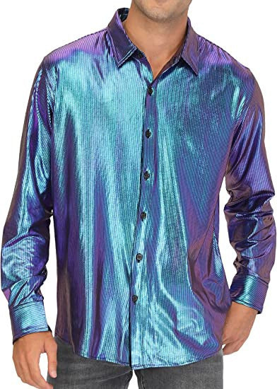 Camisa abotonada casual de color liso con lentejuelas para hombre