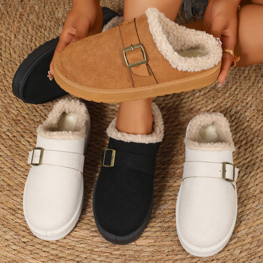 Fivela de Cinto com Sola Grossa Chinelo Feminino de Algodão forrado com Lã, Bico Fechado