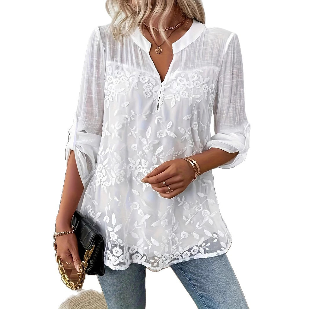 Camisa casual tipo pulóver con parche de encaje estilo europeo y americano