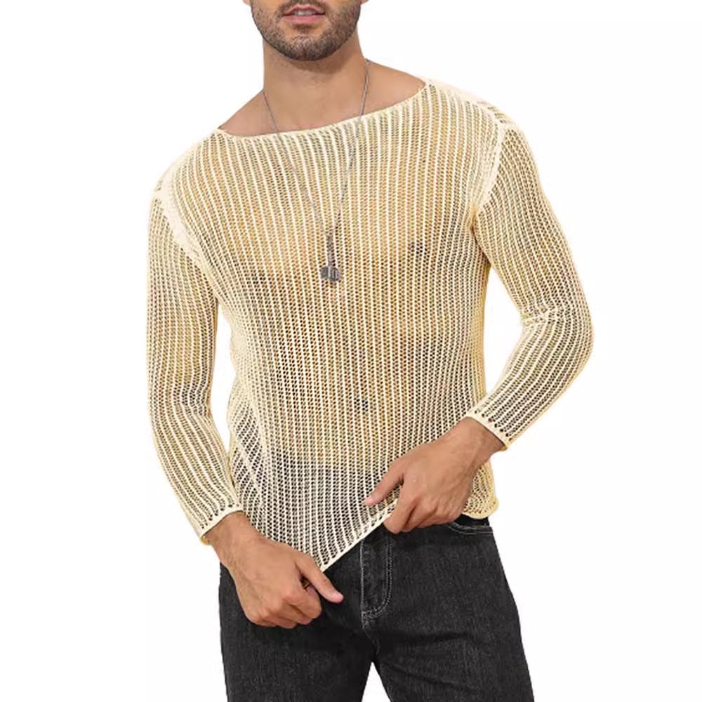 Camiseta de manga larga de color liso y transparente para hombre, top de punto fino