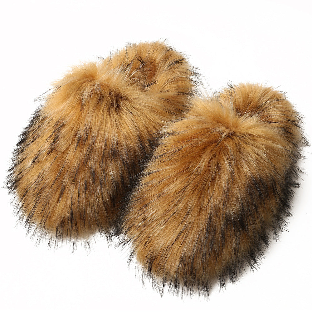 Europäische und amerikanische flauschige Damen-Hausschuhe für Herbst und Winter, warm, mit Fleece-Futter, Kunstfell