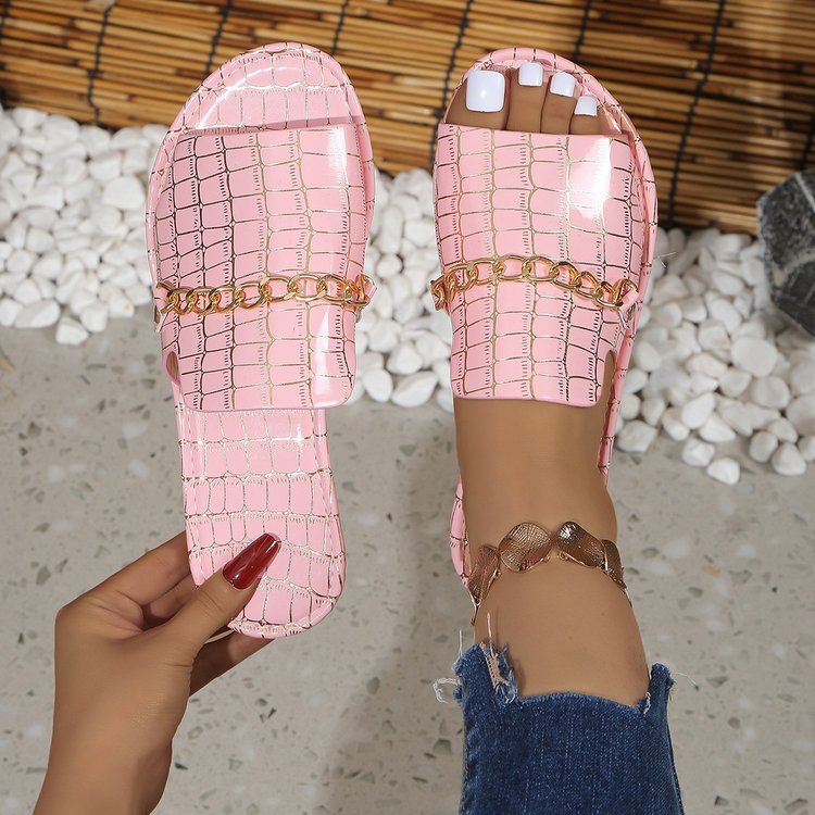 Chanclas planas de playa elegantes con cadena, talla grande
