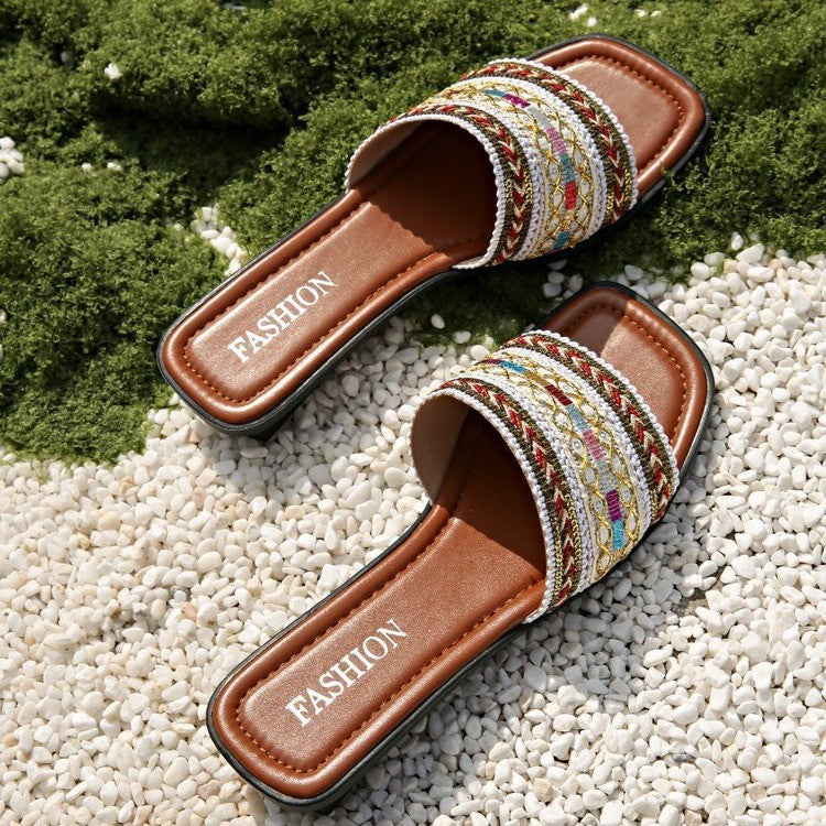 Chinelo slip-on peep-toe estilo boêmio respirável