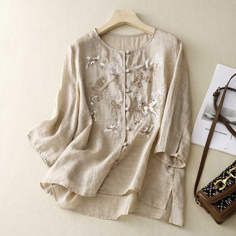 Camisa casual bordada para mujer de algodón y lino