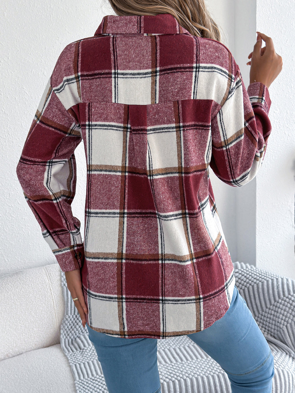Abrigo de tweed de longitud media para mujer, informal, de cuadros, con bolsillos falsos y manga larga