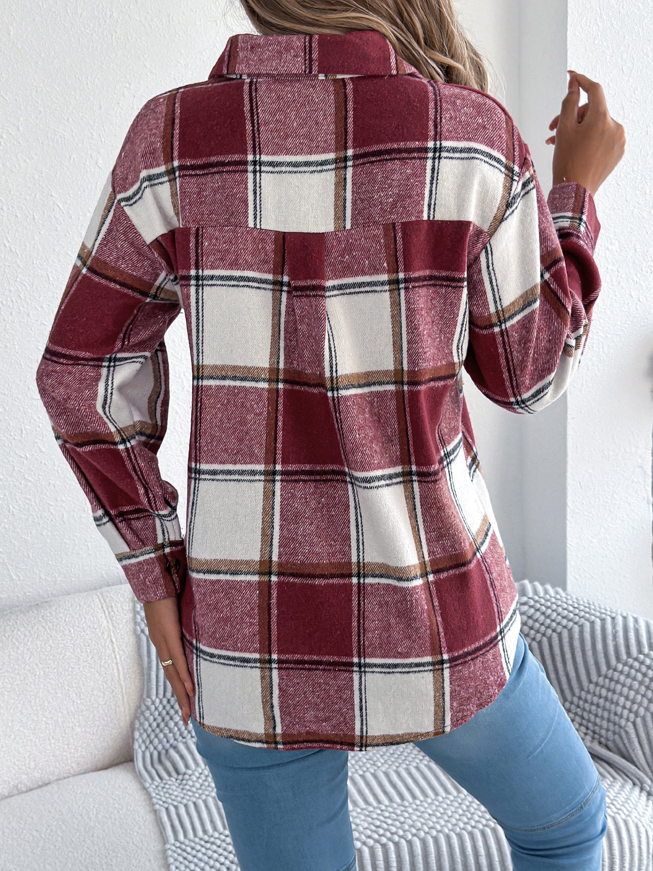 Abrigo de tweed de longitud media para mujer, informal, de cuadros, con bolsillos falsos y manga larga