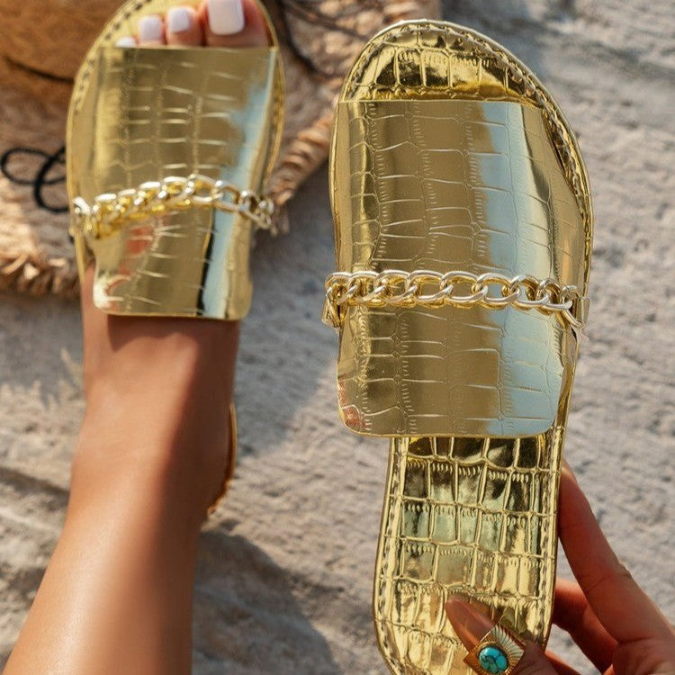 Chanclas planas de playa elegantes con cadena, talla grande
