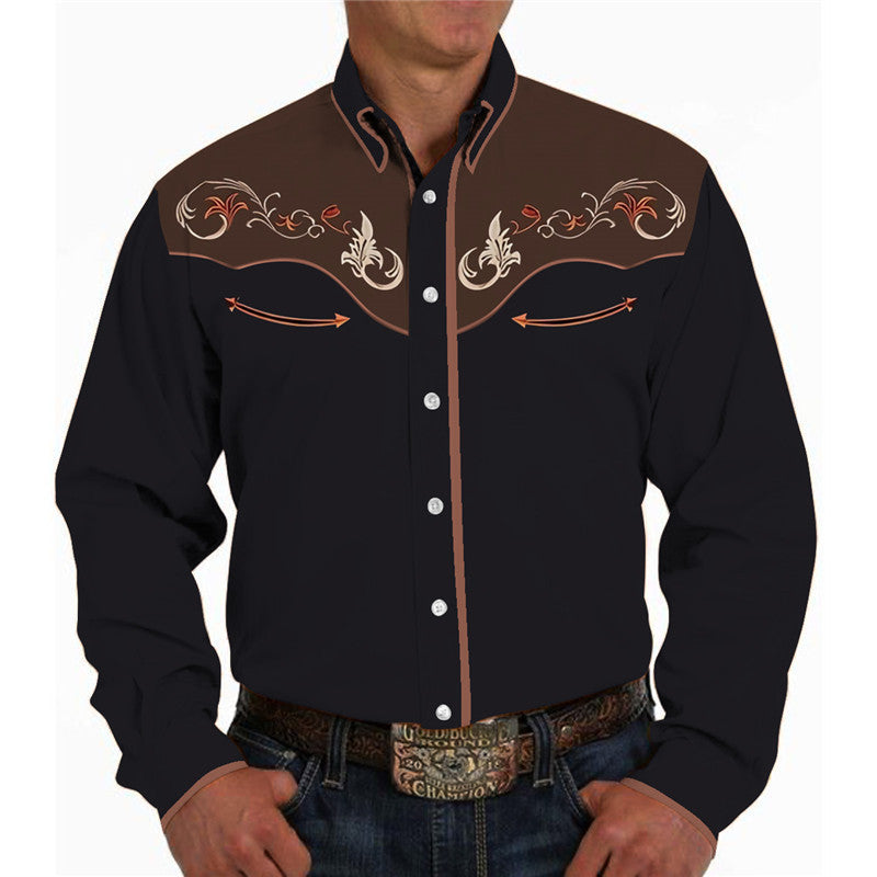 Camisa casual de manga larga con solapa y estampado 3D para hombre