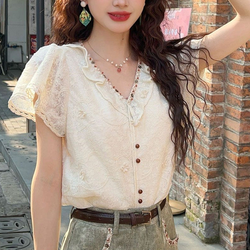 Petite Anti-Aging V-Neck Lace Short Sleeve Blouse For Women