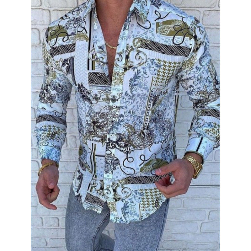Camisa de manga larga para hombre, estampado casual estilo europeo y americano