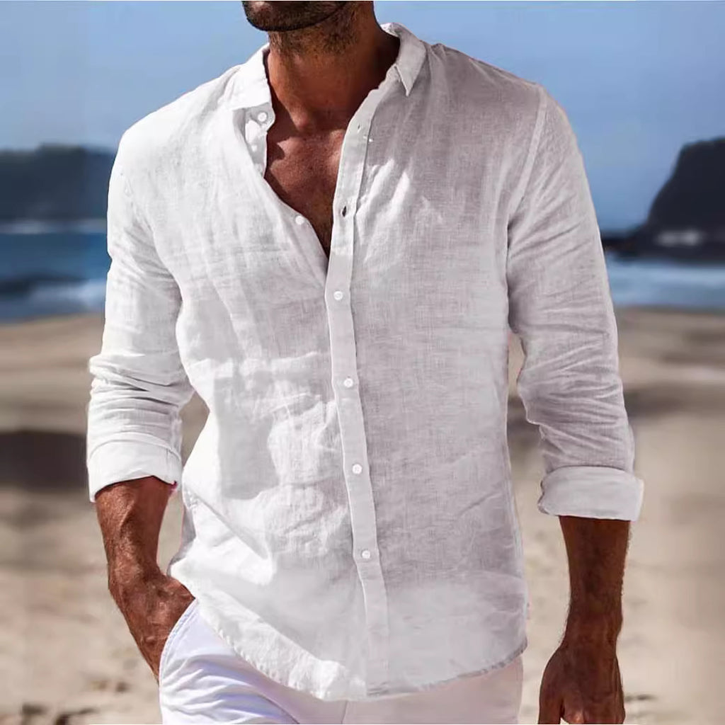 Camisa masculina casual de algodão e linho em cor sólida