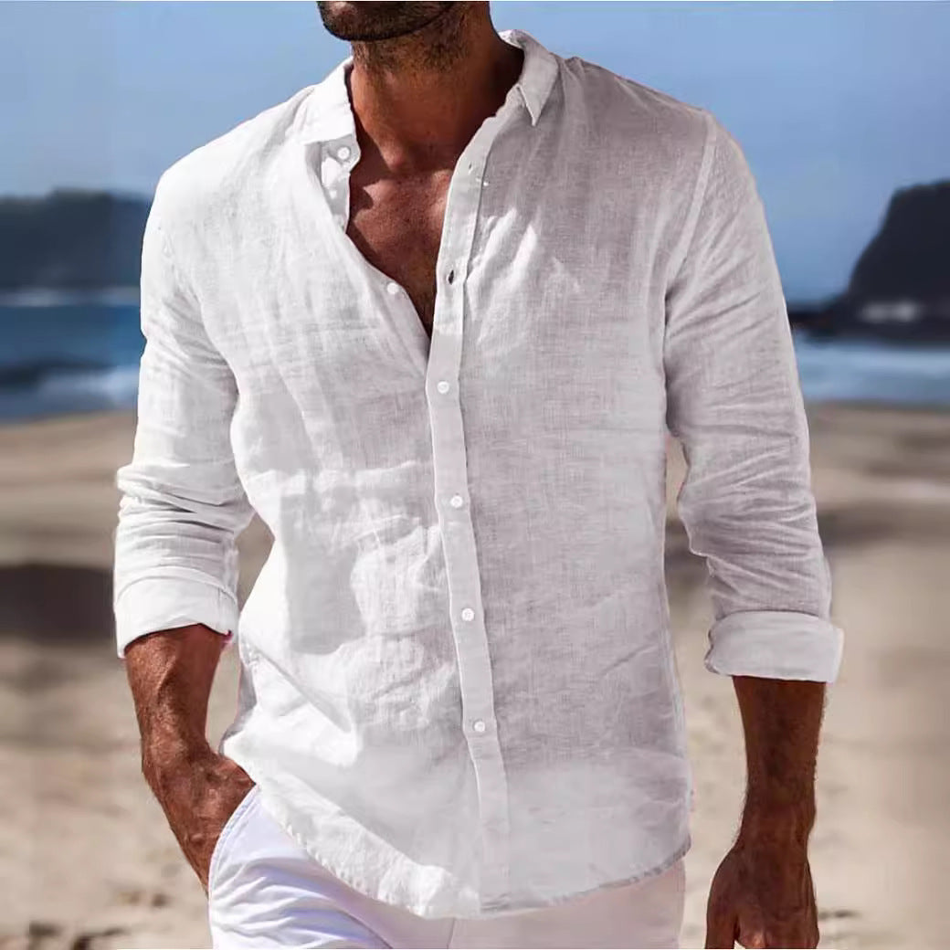 Camisa informal de algodón y lino de color liso para hombre