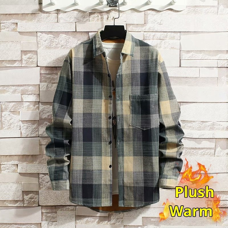 Camisa de manga larga para hombre de cuadros, engrosada y forrada de fleece para invierno