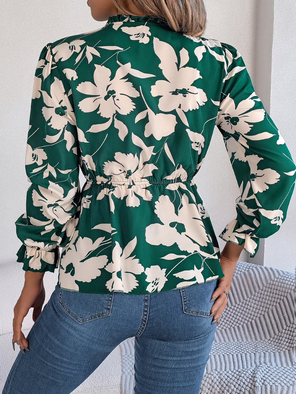 Top de gasa floral de manga larga con lazo en la cintura para mujer