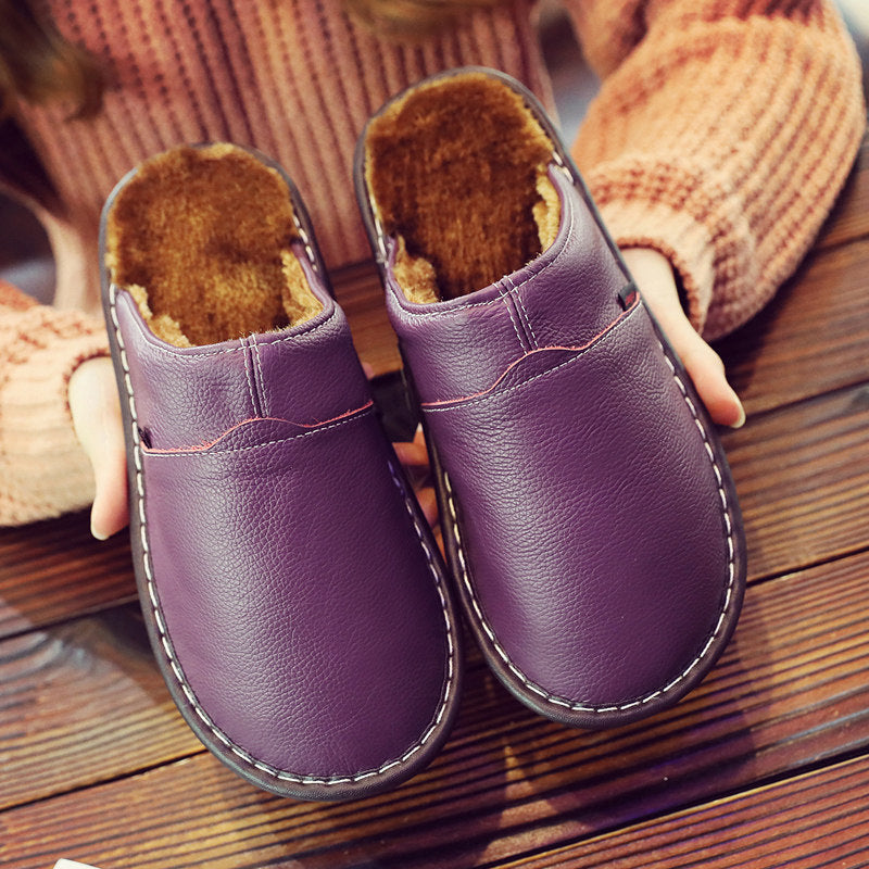 Pantuflas térmicas de algodón de cuero genuino para pareja, de piel de vaca, impermeables